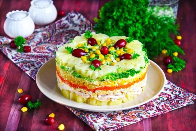 Салат з копченою куркою, ананасом сиром і кукурудзою рецепт з фото покроково і відео 